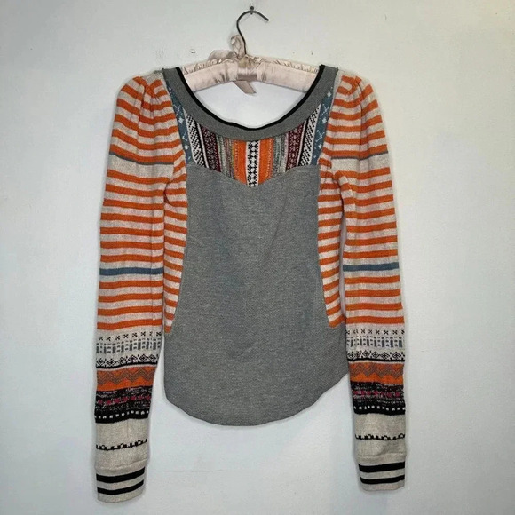 Free People Sweet Gal Thermal Top Long Sleeve Stripes Grey and Orange Size XS - Picture 1 of 3